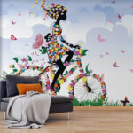 Wall murals Woman riding a bicycle with flowers