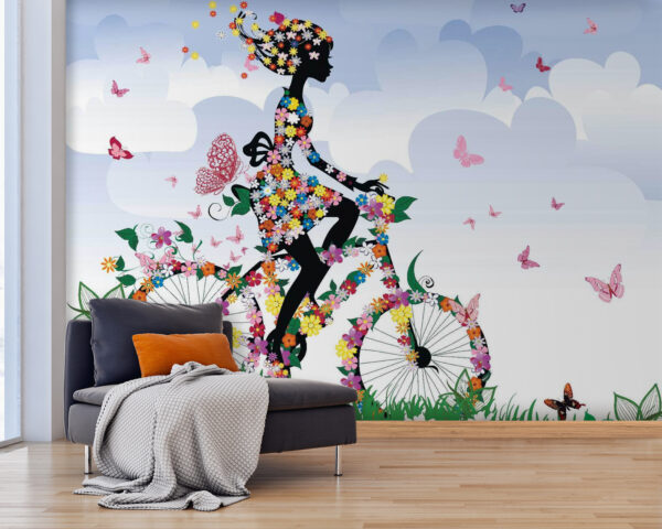 Woman riding a bicycle with flowers Wall murals Woman riding a bicycle with flowers