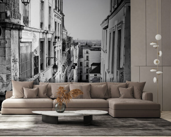 Street with buildings and a street light Wall murals Street with buildings and a street light