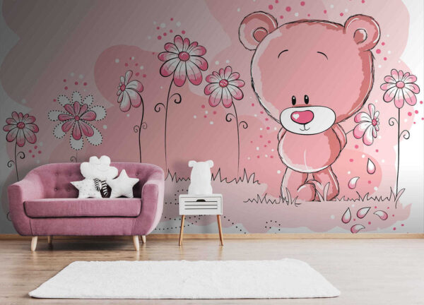 Bear in pink field of flowers Wall murals Bear in pink field of flowers