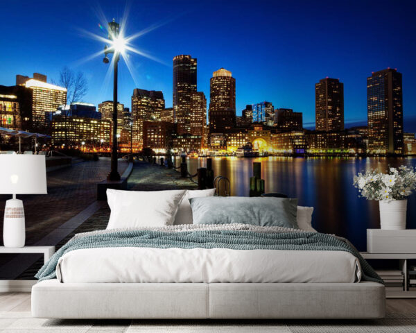 City skyline at night with a body of water Wall murals City skyline at night with a body of water
