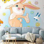 Wall murals Cartoon of a rabbit jumping in the air with butterflies