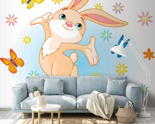 Cartoon of a rabbit jumping in the air with butterflies Wall murals Cartoon of a rabbit jumping in the air with butterflies