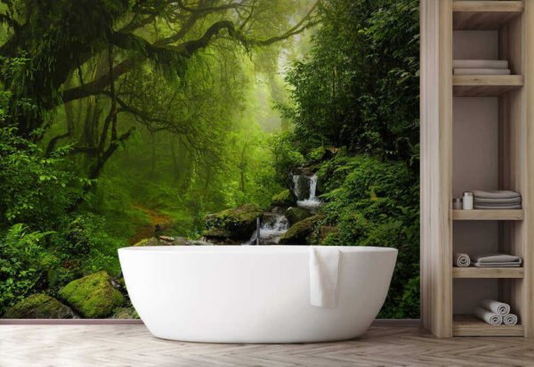 Misty forest with flowing stream Wall murals Misty forest with flowing stream