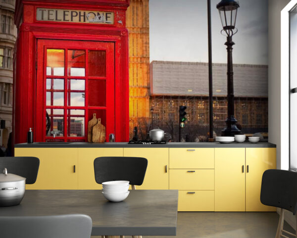Red telephone booth in a city Wall murals Red telephone booth in a city