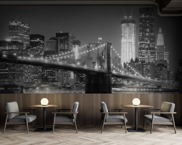 Bridge over water with city skyline in the background Wall murals Bridge over water with city skyline in the background