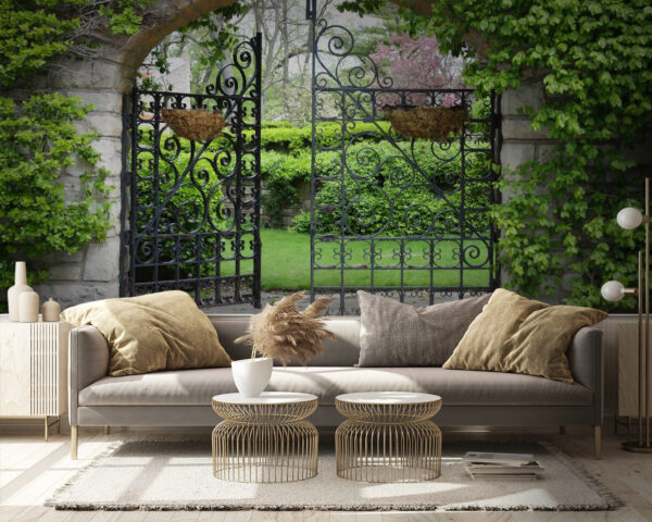 Gate with a stone arch and a green lawn Wall murals Gate with a stone arch and a green lawn