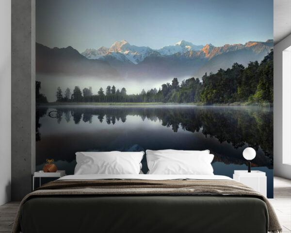 Lake with trees and mountains in the background Wall murals Lake with trees and mountains in the background