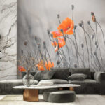 Wall murals Orange flowers in misty grass field.