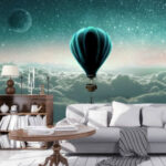 Wall murals Hot air balloon with a basket in the air above the clouds