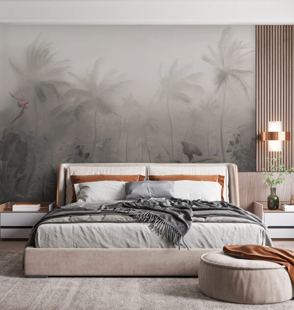 Foggy forest with palm trees and butterflies Wall murals Foggy forest with palm trees and butterflies