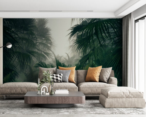 Group of palm trees in a foggy forest Wall murals Group of palm trees in a foggy forest