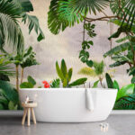 Wall murals Lush jungle paradise with green leaves.