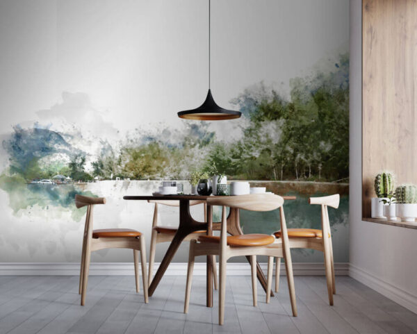 Watercolor of a lake with trees and mountains in the background Wall murals Watercolor of a lake with trees and mountains in the background