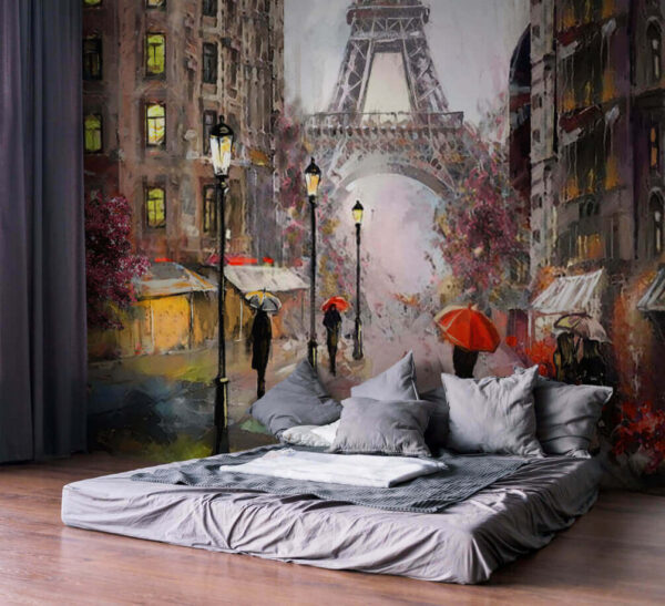 Painting of people walking in the rain with umbrellas Wall murals Painting of people walking in the rain with umbrellas