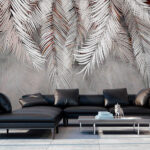 Flamingos among tropical foliage Wall murals Silver palm leaves on soft background