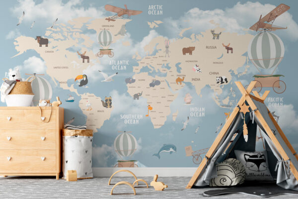 Map of the world with different animals Wall murals Map of the world with different animals