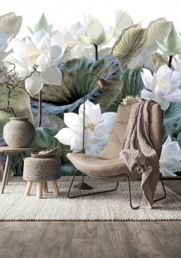Lotus blossoms among lush green leaves Wall murals Lotus blossoms among lush green leaves