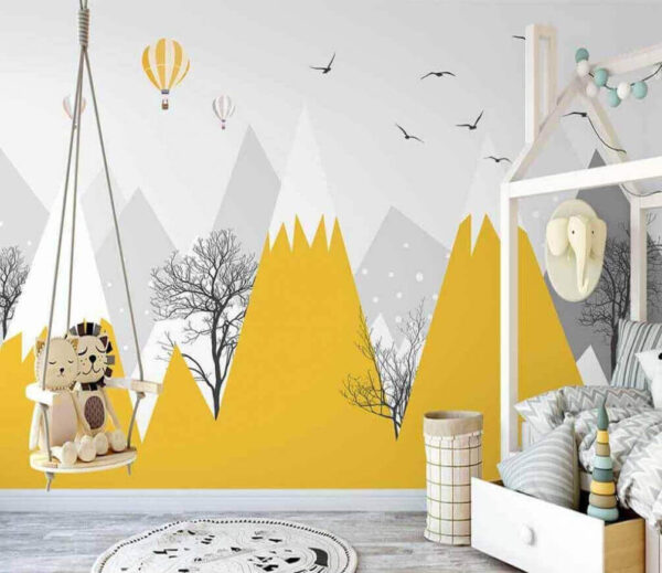 Yellow mountains with trees and birds Wall murals Yellow mountains with trees and birds