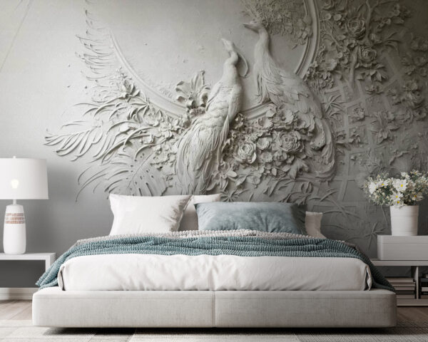 Elegant relief of peacocks and blossoms Wall murals Elegant relief of peacocks and blossoms