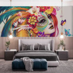 Wall murals Colorful feathers and vibrant flowers burst.