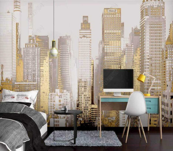 Urban skyline shimmering in light Wall murals Urban skyline shimmering in light