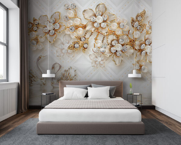 Wallpaper with swans and flowers Wall murals Wallpaper with swans and flowers