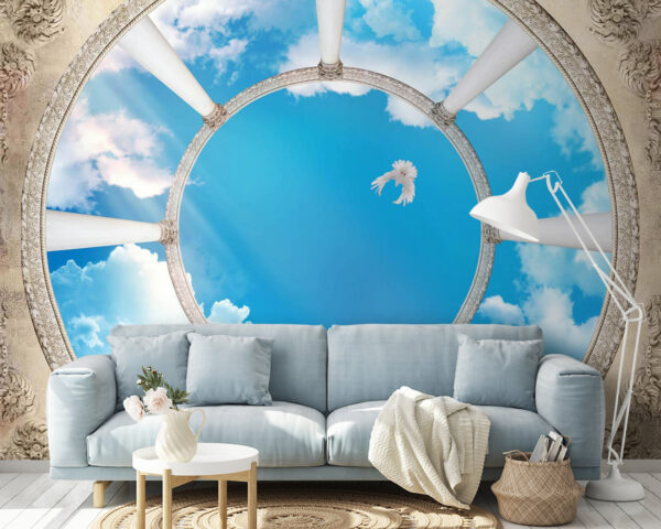 Circular ceiling with columns and a bird flying through the sky Wall murals Circular ceiling with columns and a bird flying through the sky