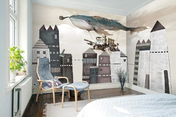 Whale flying over a city Wall murals Whale flying over a city