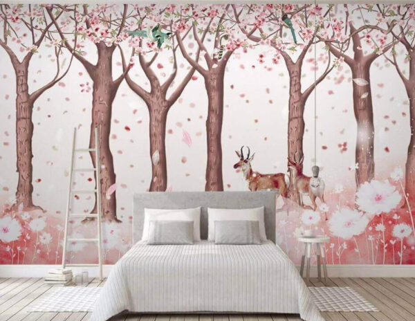 Group of trees with flowers and birds Wall murals Group of trees with flowers and birds