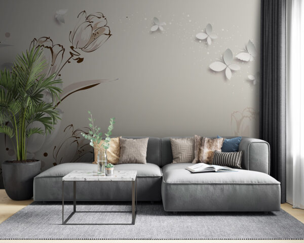 White tulips and butterflies Wall murals White tulips and butterflies