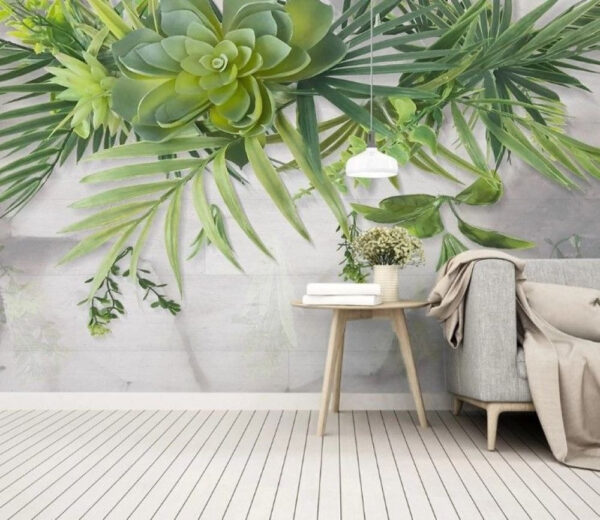 Green succulents and leafy branches overhead Wall murals Green succulents and leafy branches overhead