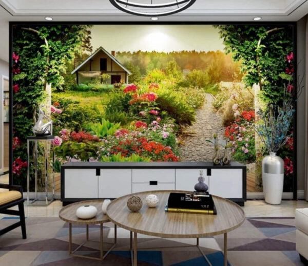 Garden with flowers and a house Wall murals Garden with flowers and a house