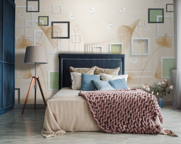 Wallpaper with white and brown flowers and butterflies Wall murals Wallpaper with white and brown flowers and butterflies