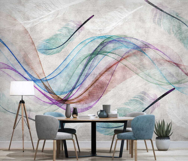 Colorful feathers on a white surface Wall murals Colorful feathers on a white surface