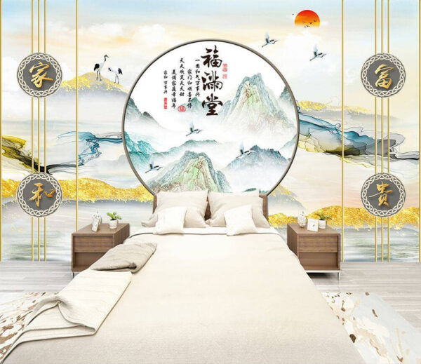 Painting of mountains and birds Wall murals Painting of mountains and birds