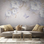 Wall murals Wallpaper with white flowers and butterflies