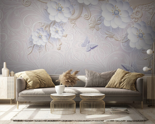 Wallpaper with white flowers and butterflies Wall murals Wallpaper with white flowers and butterflies