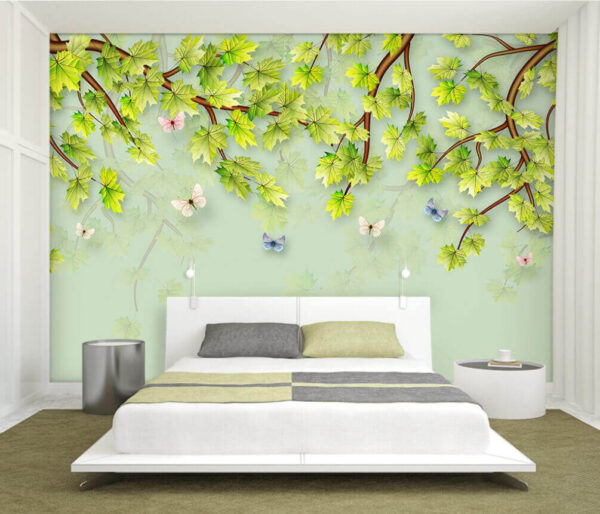 Green leaves and butterflies on a white background Wall murals Green leaves and butterflies on a white background