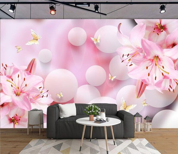 Pink flowers and butterflies Wall murals Pink flowers and butterflies
