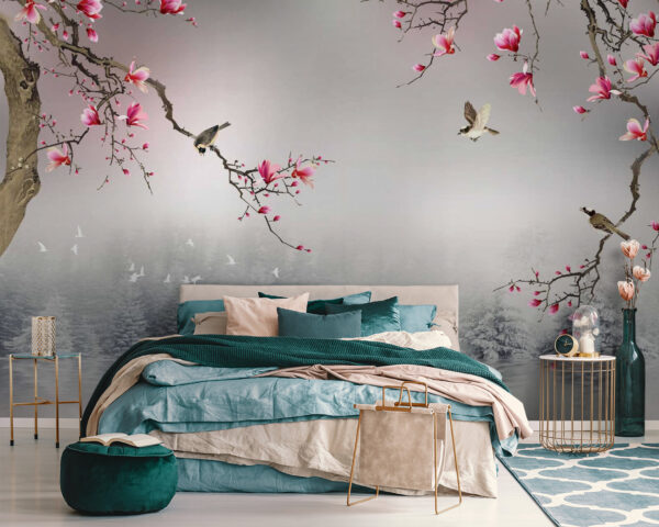 Birds and blossoms over peaceful water Wall murals Birds and blossoms over peaceful water