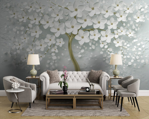 Wall mural Elegant white blossoms on twisting branches
