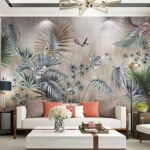 Wall murals Birds flutter among tropical foliage.