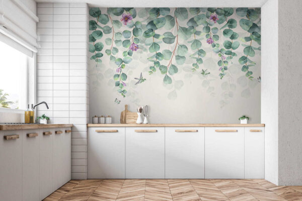 Purple flower with green leaves Wall murals Purple flower with green leaves