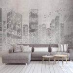 Wall murals Cityscape sketched against cloudy backdrop.