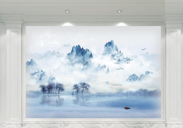 Landscape of a lake with trees and mountains in the background Wall murals Landscape of a lake with trees and mountains in the background