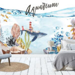 Wall murals Watercolor of a whale and a lighthouse