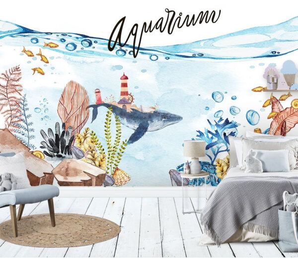 Watercolor of a whale and a lighthouse Wall murals Watercolor of a whale and a lighthouse