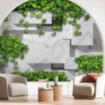 Wall murals Green leaves on geometric marble design.