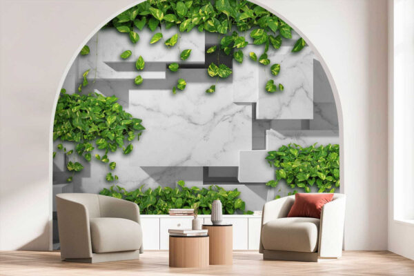 Green leaves on geometric marble design Wall murals Green leaves on geometric marble design